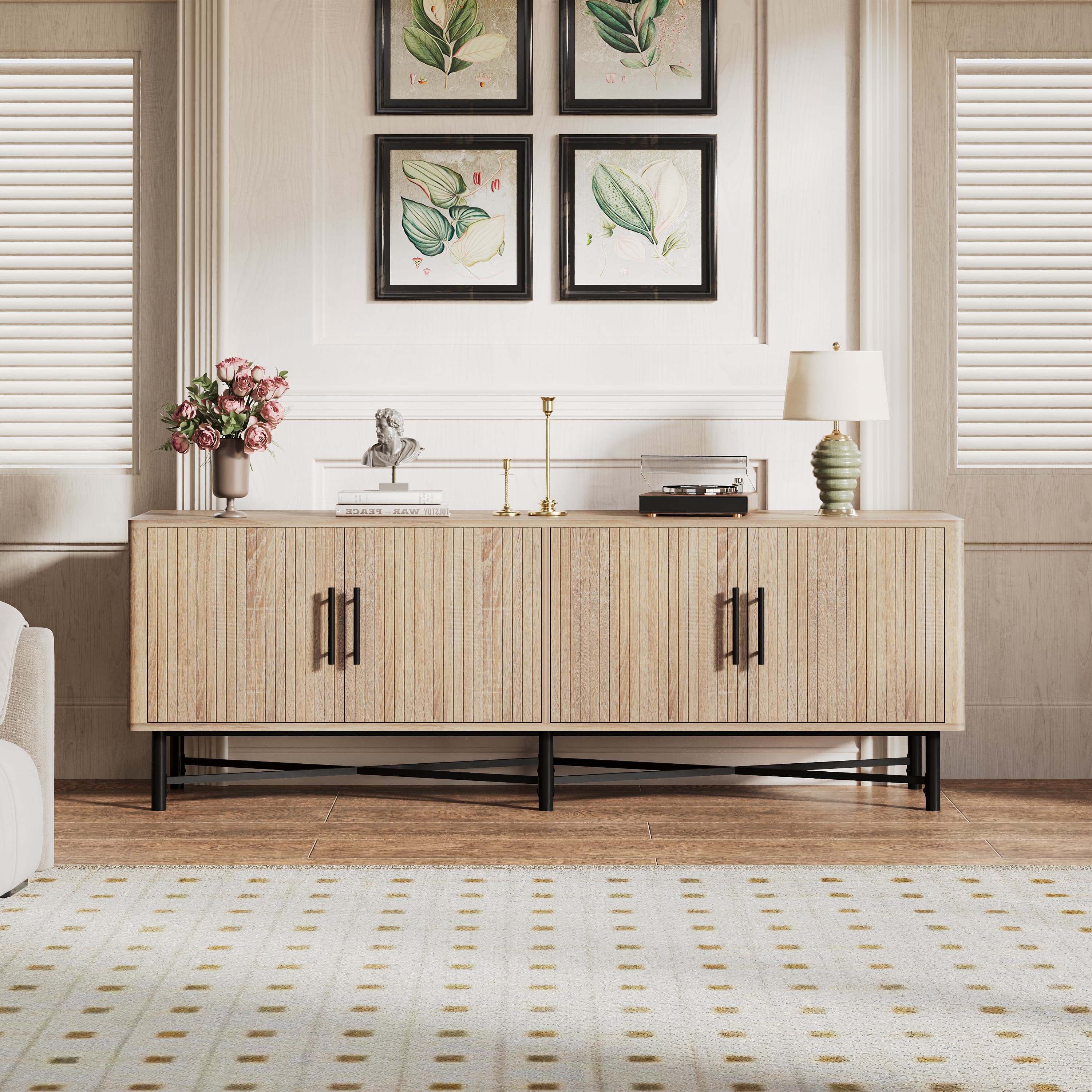 Functional 4-Door TV Cabinet 2 Storage Spaces, Adjustable Shelves, Ideal For Living Room Organization, Natural