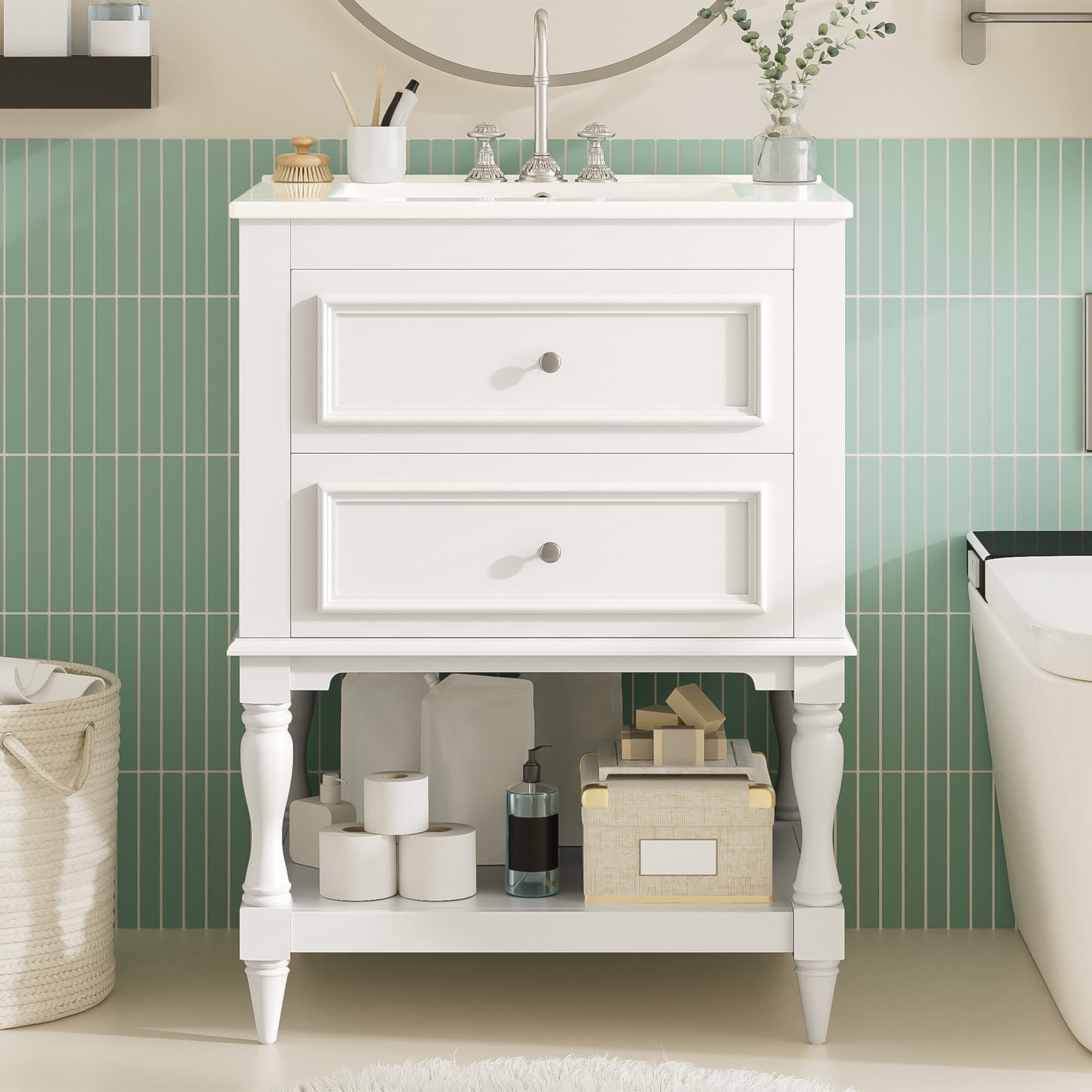 24'' Bathroom Vanity With Ceramic Sink, Bathroom Storage Cabinet With Open Shelf, Retro Design Bathroom Cabinet With 2 Drawers