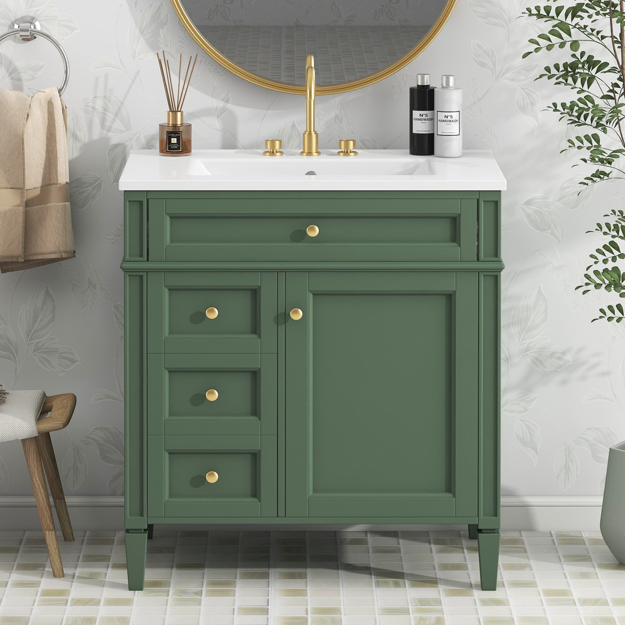 30'' Bathroom Vanity With Top Sink, Modern Bathroom Storage Cabinet With 2 Drawers And A Tip-out Drawer, Single Sink Bathroom Vanity