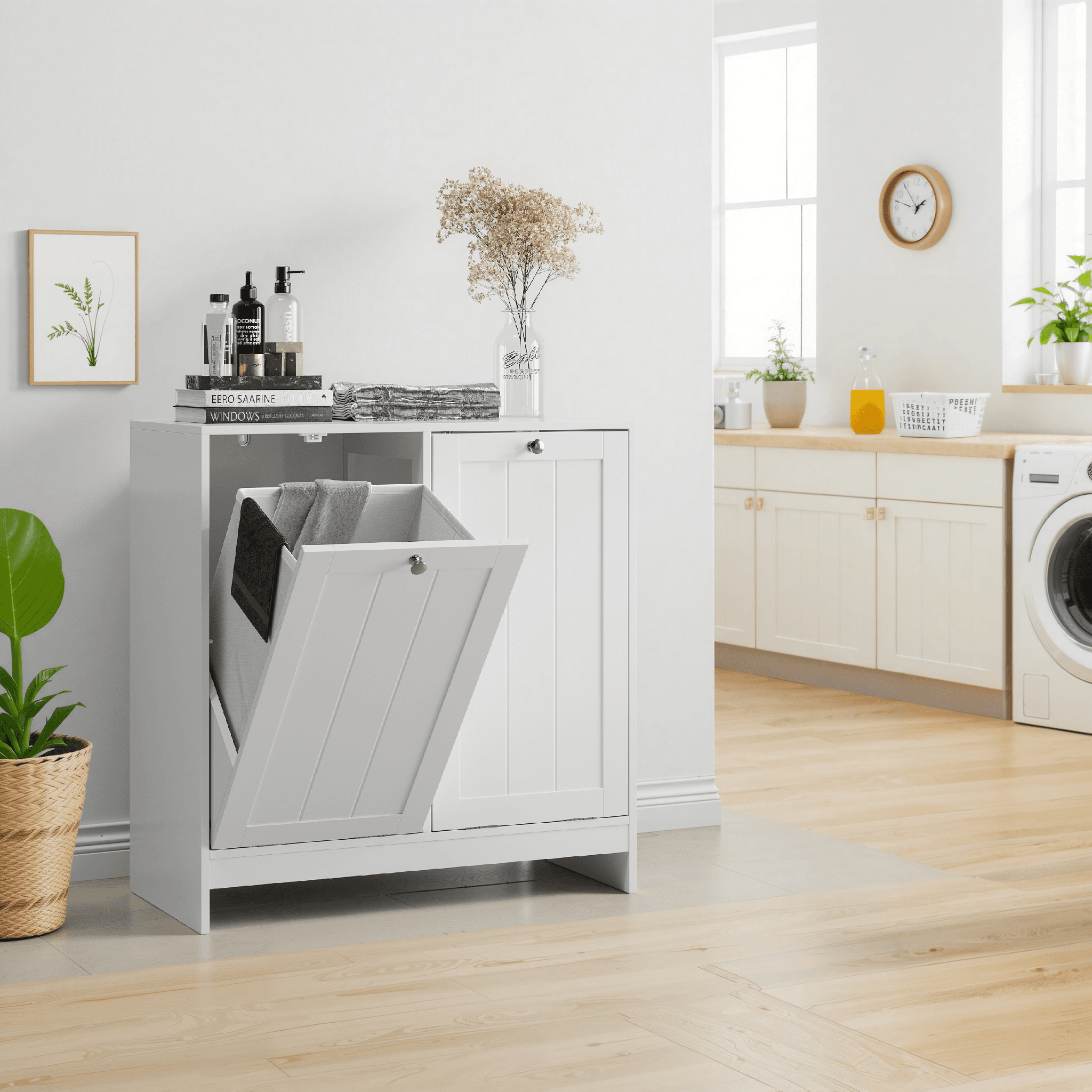 Tilted Laundry Hamper With Removable Basket, Hidden Laundry Hamper, Bathroom Laundry Hamper Storage Cabinet, Free-Standing Home Organizer, White