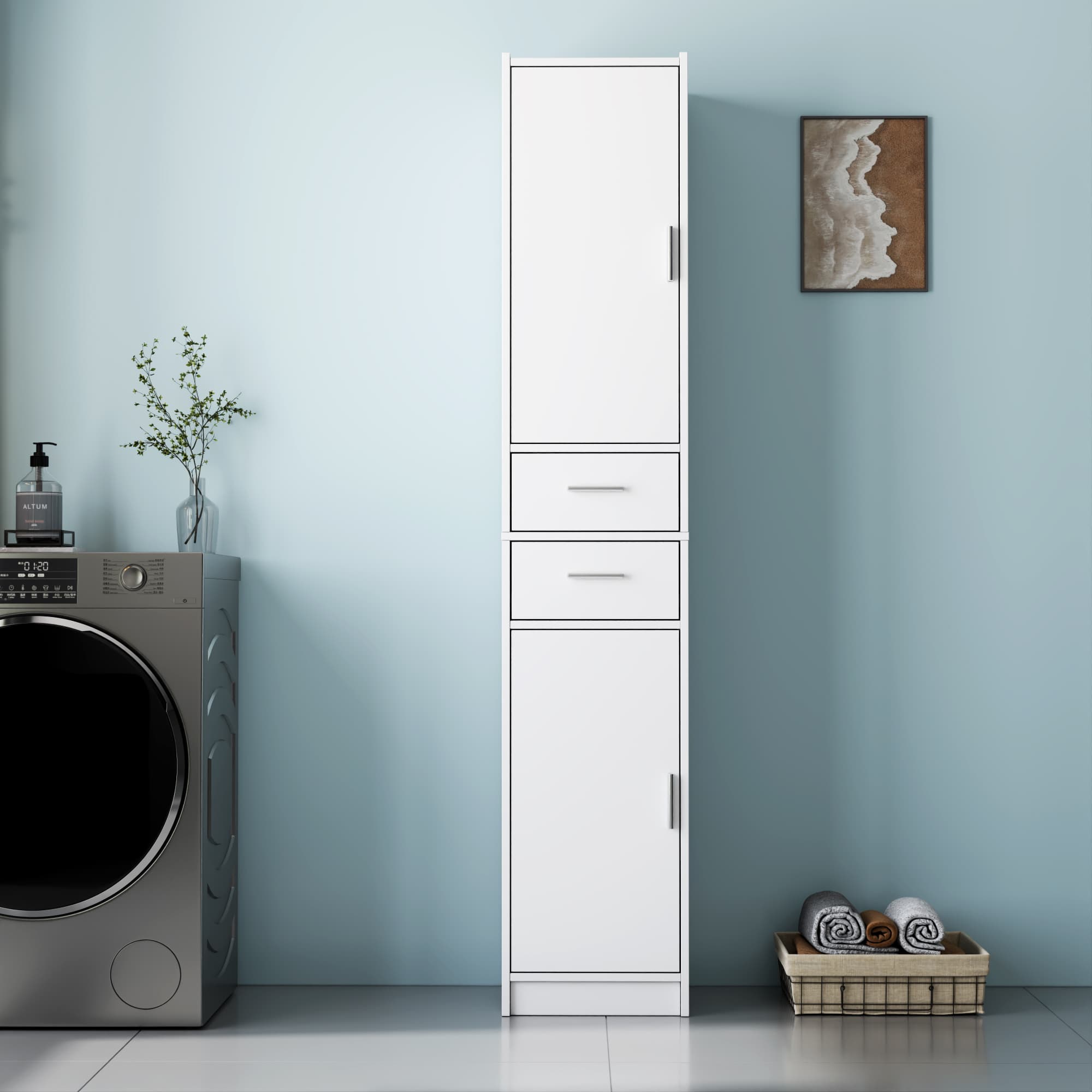 70.87 H Tall Bathroom Storage Cabinet With 2 Doors And 2 Drawer, Narrow Storage Unit, Adjustable Shelves, Floor Cabinet For Bathroom, Living Room, Entryway, Kitchen, White