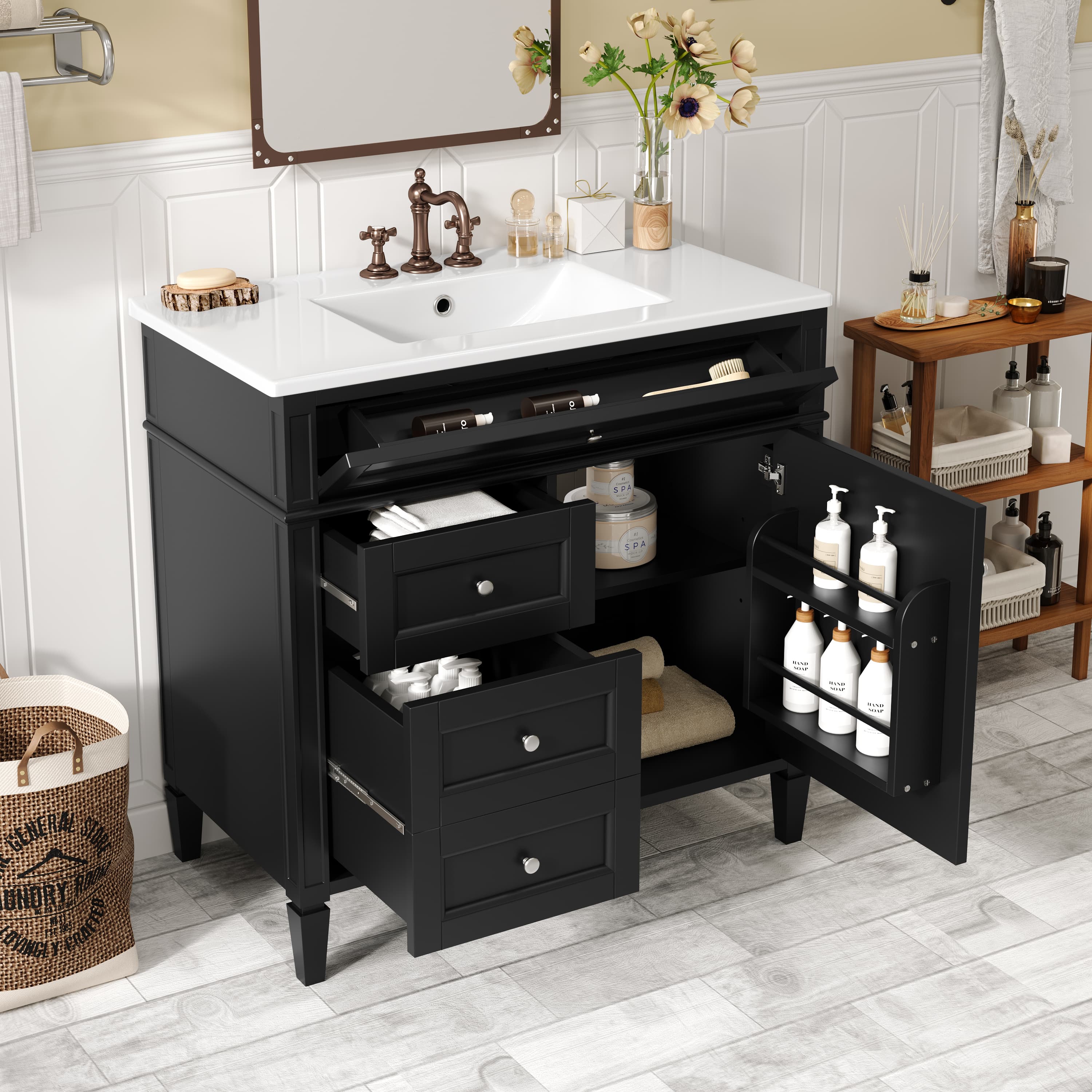 36'' Bathroom Vanity With Top Sink, Modern Bathroom Storage Cabinet With 2 Drawers And A Tip-out Drawer, Single Sink Bathroom Vanity