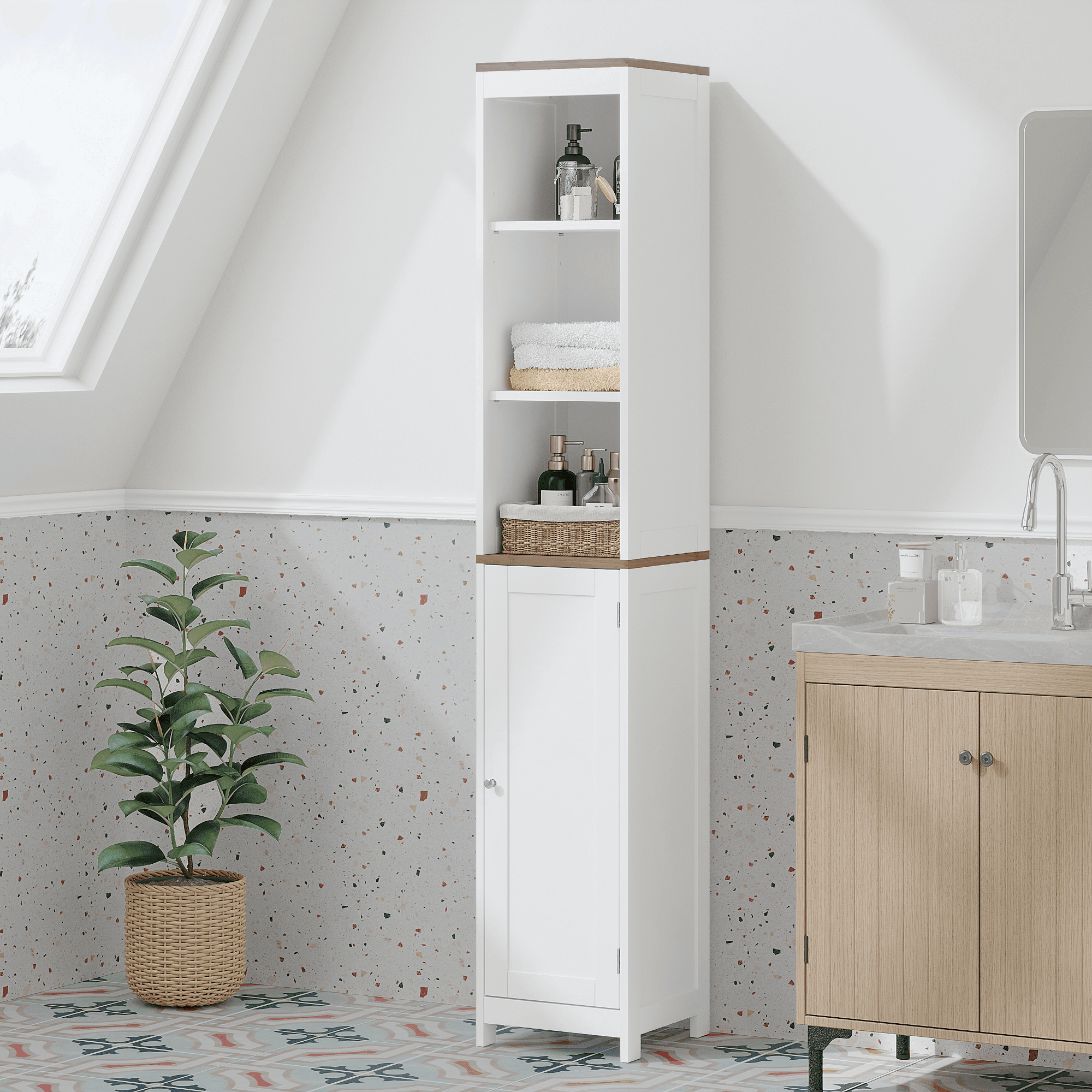 Tall Bathroom Storage Cabinet With Reversible Door, Freestanding Linen Tower With Open Shelves And Enclosed Cabinet, Narrow Floor Cabinet Organizer For Bathroom, Laundry Room Or Small Spaces White