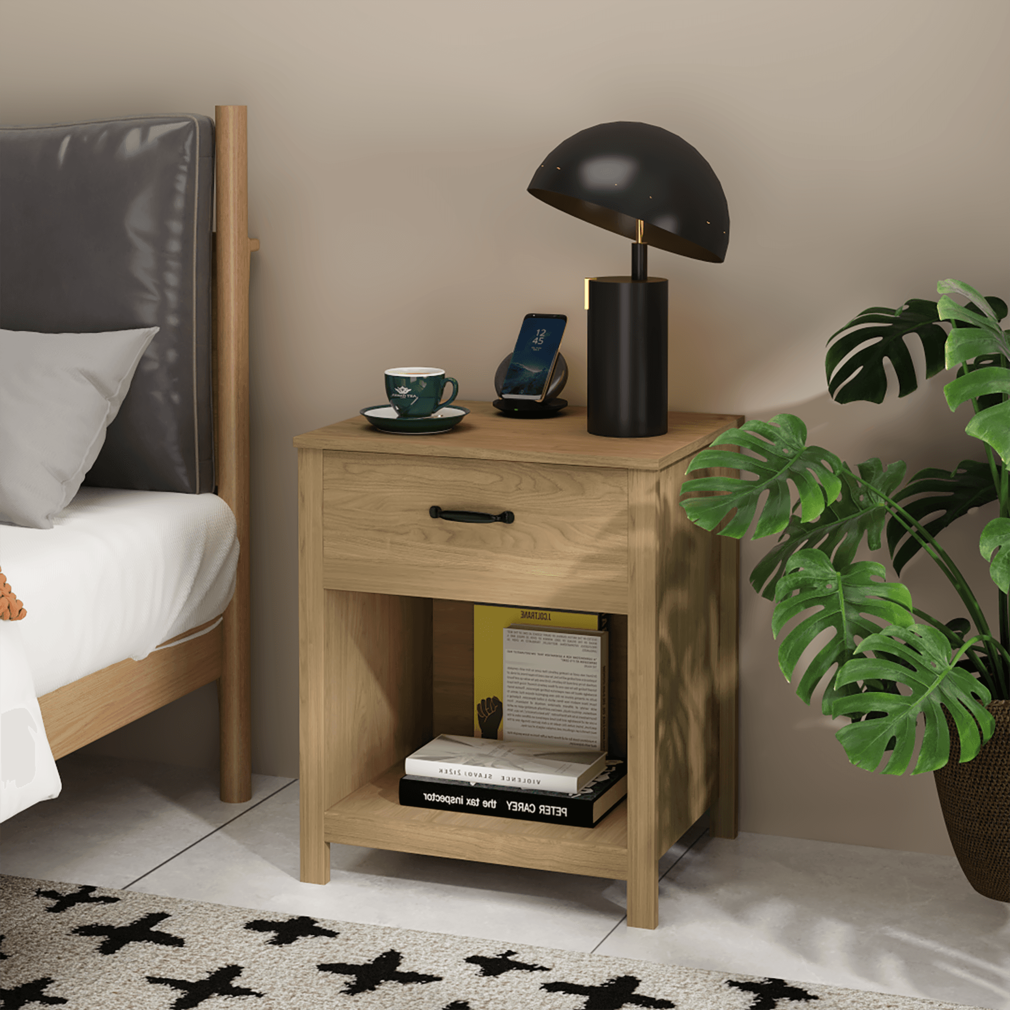 Wood Nightstand With Drawer And Open Shelf, Modern Bedside Table With Storage, Wooden End Table For Bedroom, Living Room Or Apartment, Natural Finish, Brown
