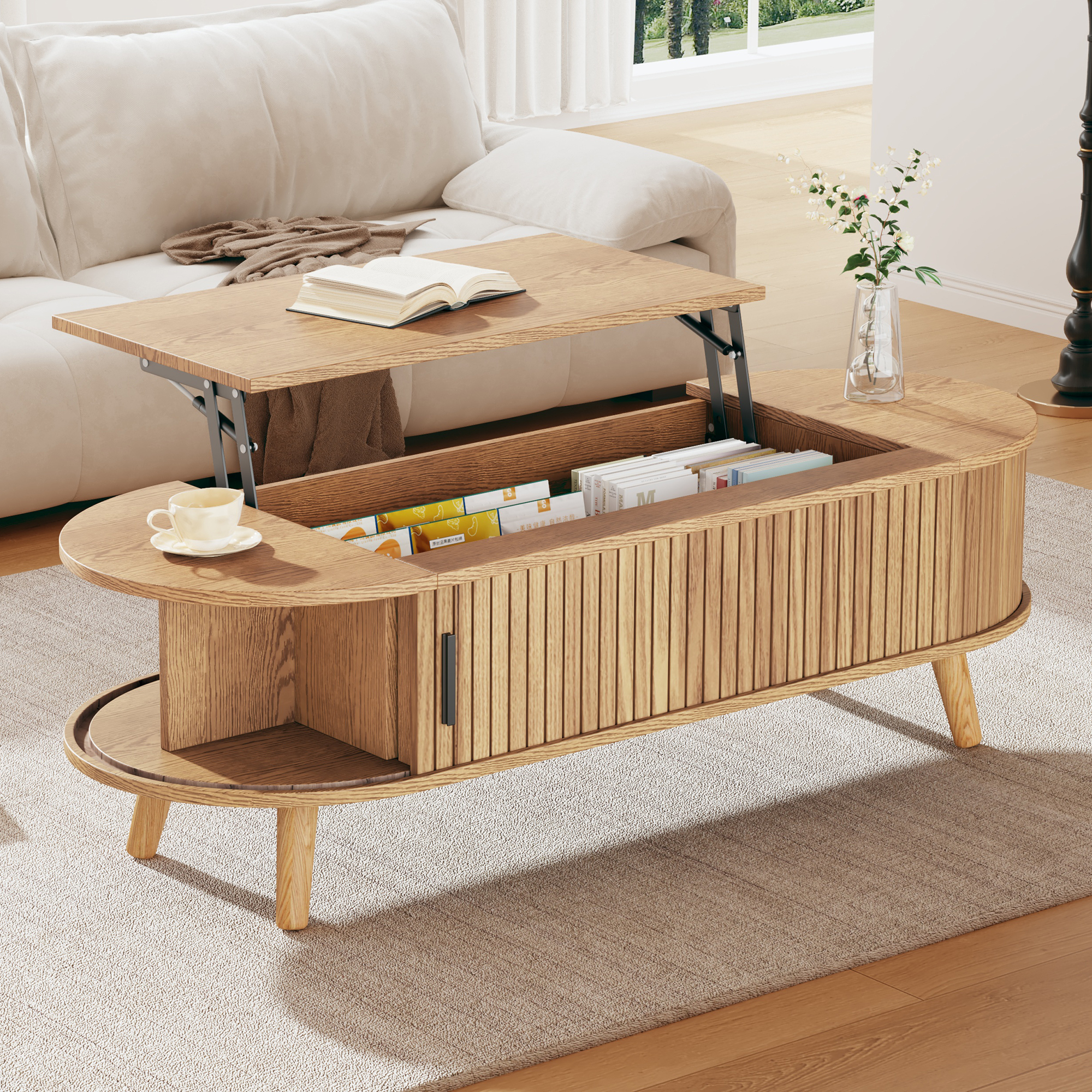 Lift Up Oval Coffee Table With Hidden Storage, Centre Table, Lifting Sofa Side Table, Space-saving End Table For Living Room Bedroom, Reception, Tea Table, 120 X 50 X 39.5cm, Natural Wood