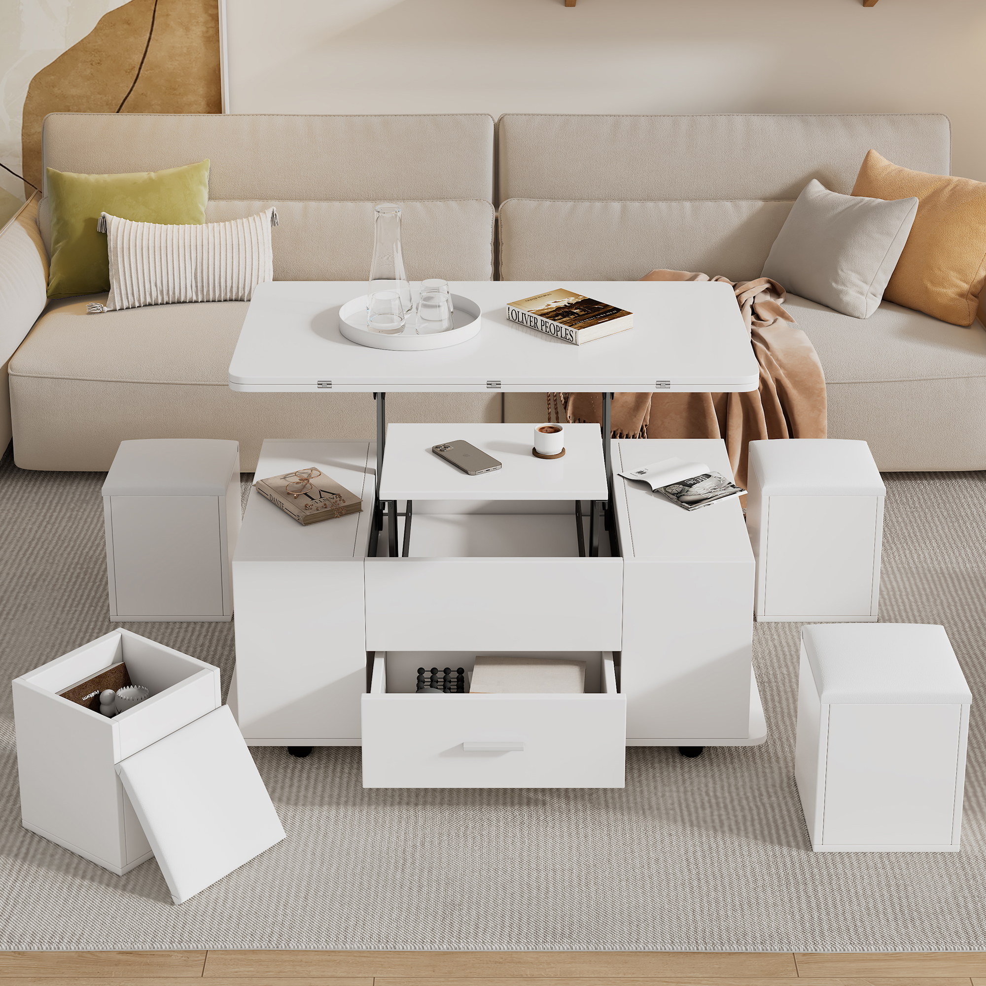 Lift Top Coffee Table With Wheels, Convertible Dining & Work Table With 4 Stools, Hidden Storage, Extendable Side Table, Space-saving End Table, Tea Table, White, 100x50x45cm Folded