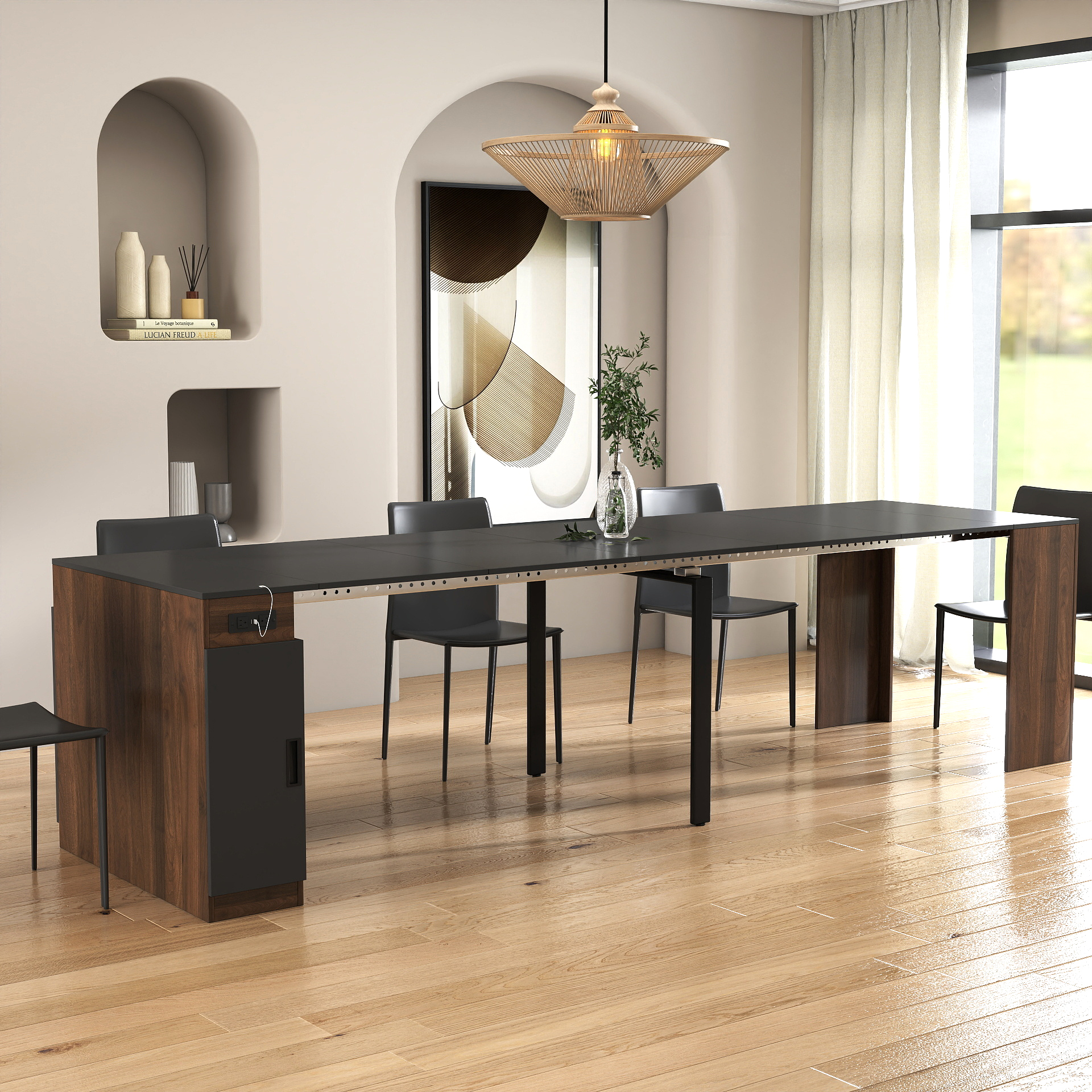 Modern Multifunctional Extendable Dining Table With Outlet, Space Saving Expanding Table With Storage For Party, Weddings, Meetings, Celebrations