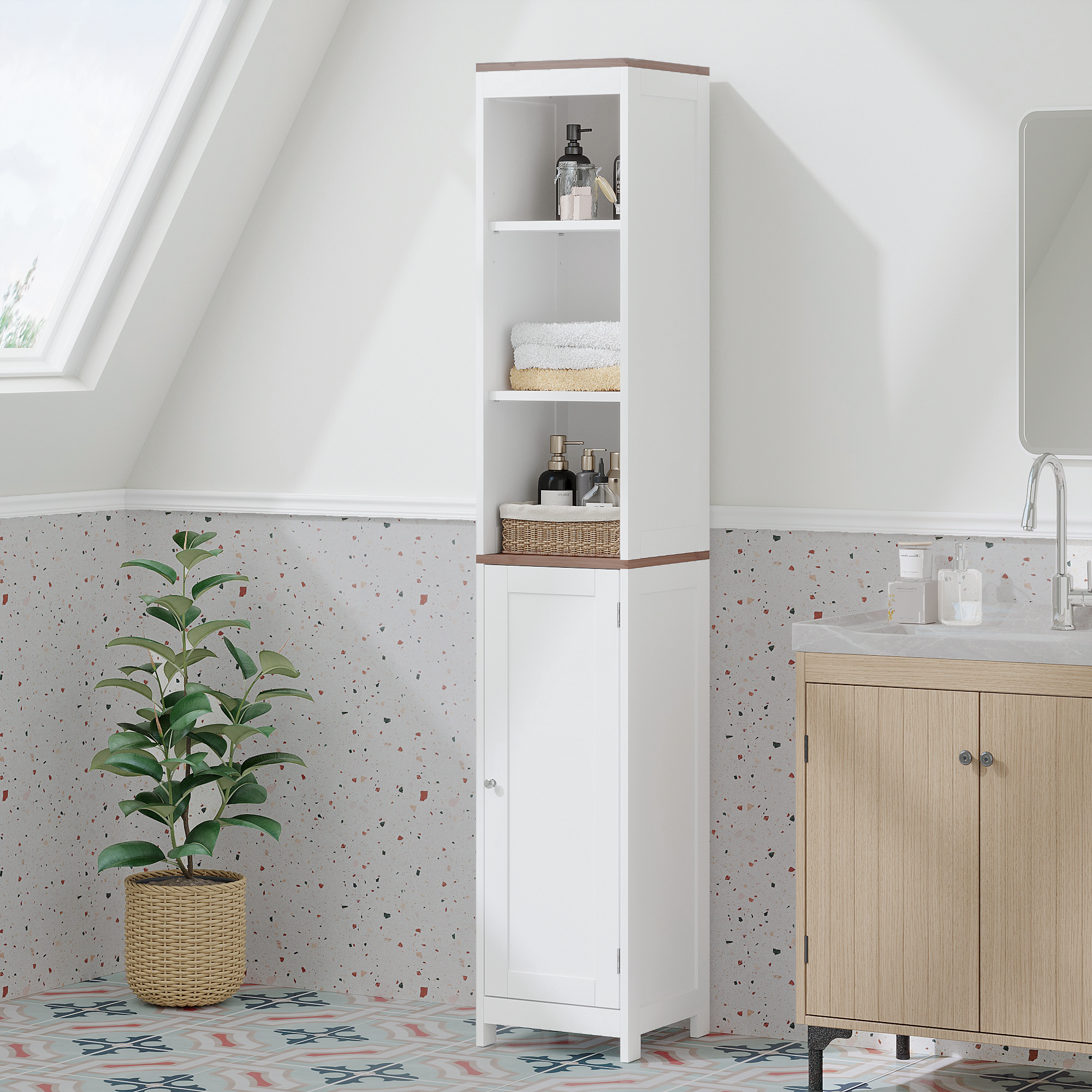 Tall Bathroom Storage Cabinet With Reversible Door, Freestanding Linen Tower With Open Shelves And Enclosed Cabinet, Narrow Floor Cabinet Organizer For Bathroom, Laundry Room Or Small Spaces White
