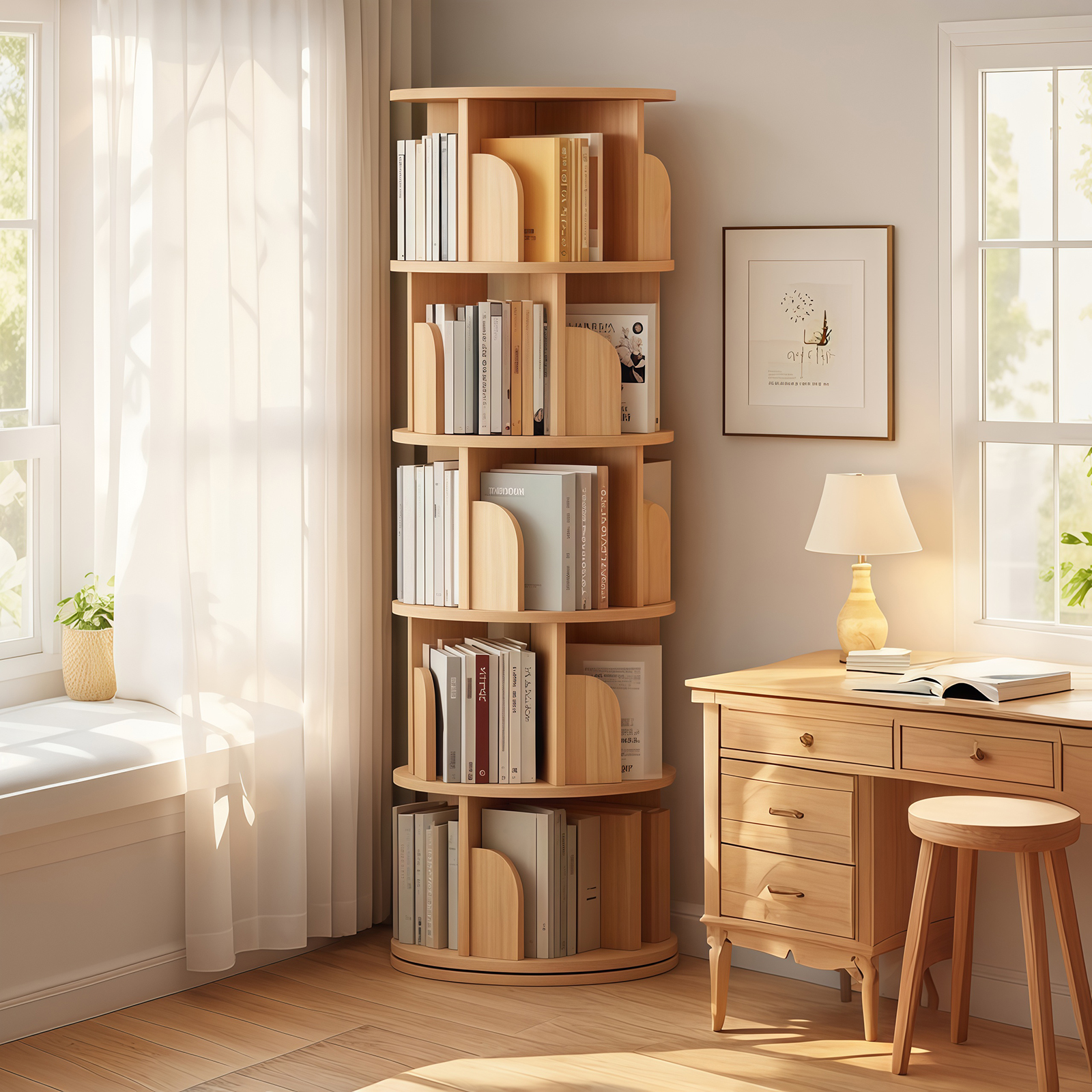 5 Tier Rotating Bookshelf, 360 Display Round Spinning Bookshelf, Space-Saving, Small Space Rotating Bookshelf Tower For Bedroom, Living Room, Home, Office, Wood Color