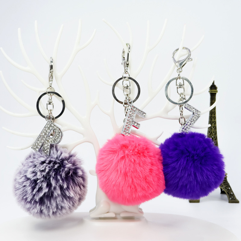 26 Colors Rex Rabbit Fur Ball Diamond English Letters Keychain