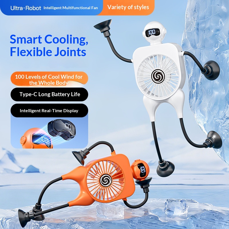 Robot Fan USB Rechargeable Desk Fan Mini Digital Display Table Fan With Suction Cup Portable Cooling Office Car Travel